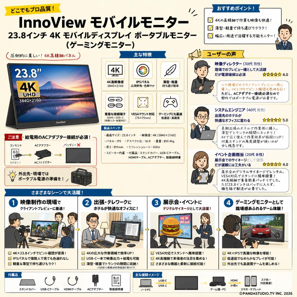 InnoView モバイルモニター 23.8インチ 4K モバイルディスプレイ ポータブルモニター （ゲーミングモニター） インターネット上のお客様の声（評判）