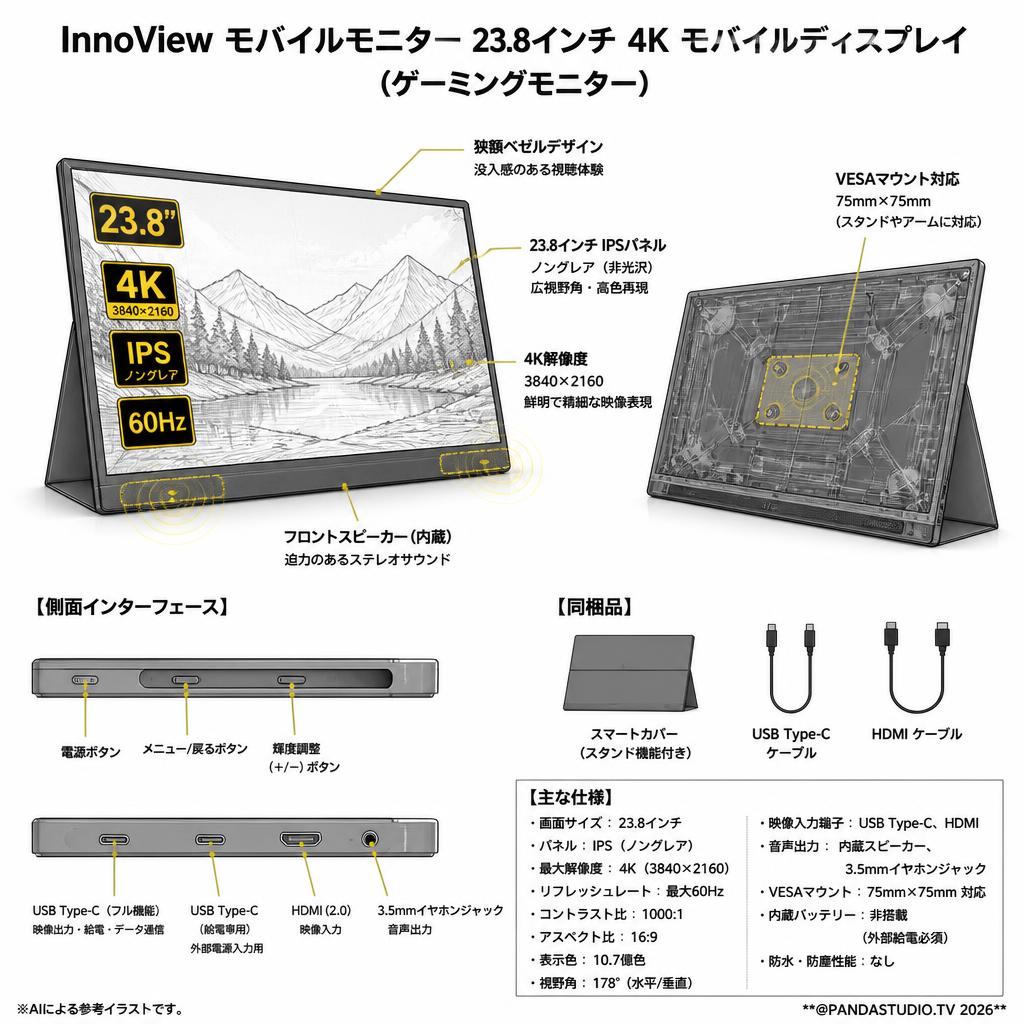InnoView モバイルモニター 23.8インチ 4K モバイルディスプレイ ポータブルモニター （ゲーミングモニター） スペック