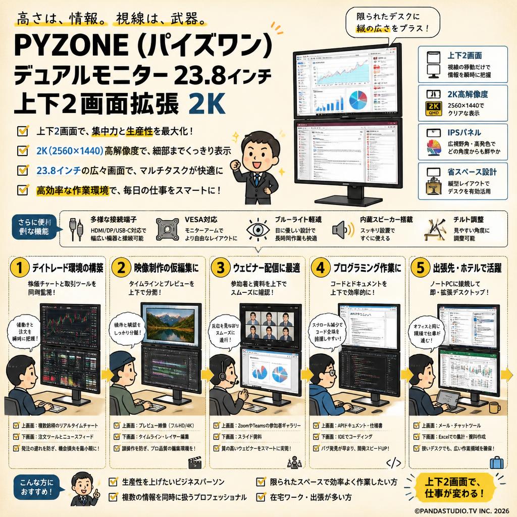 PYZONE（パイズワン） デュアルモニター 23.8インチ 上下2画面拡張 2K 用途
