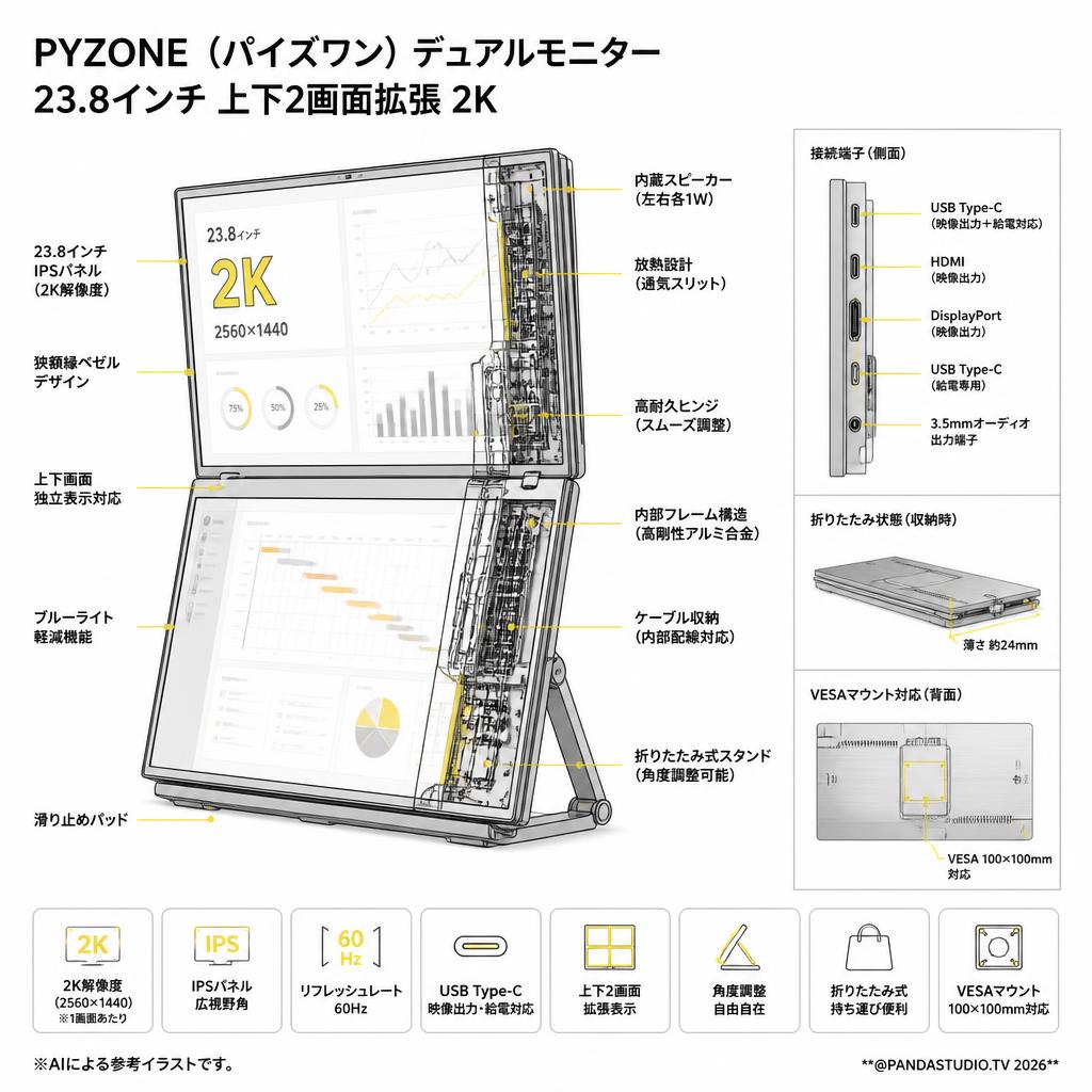 PYZONE（パイズワン） デュアルモニター 23.8インチ 上下2画面拡張 2K スペック