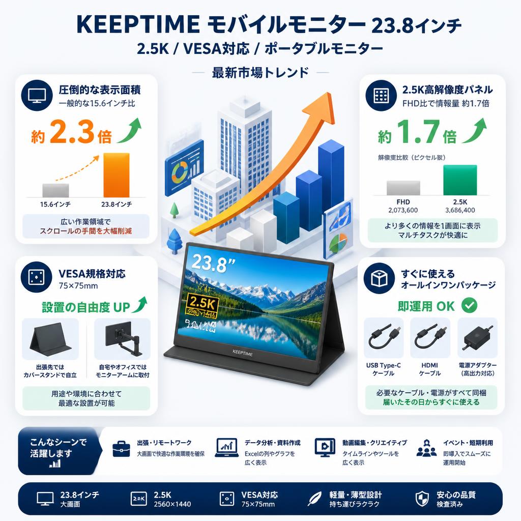 KEEPTIME モバイルモニター 23.8インチ 2.5K VESA対応 ポータブルモニター セールスポイント