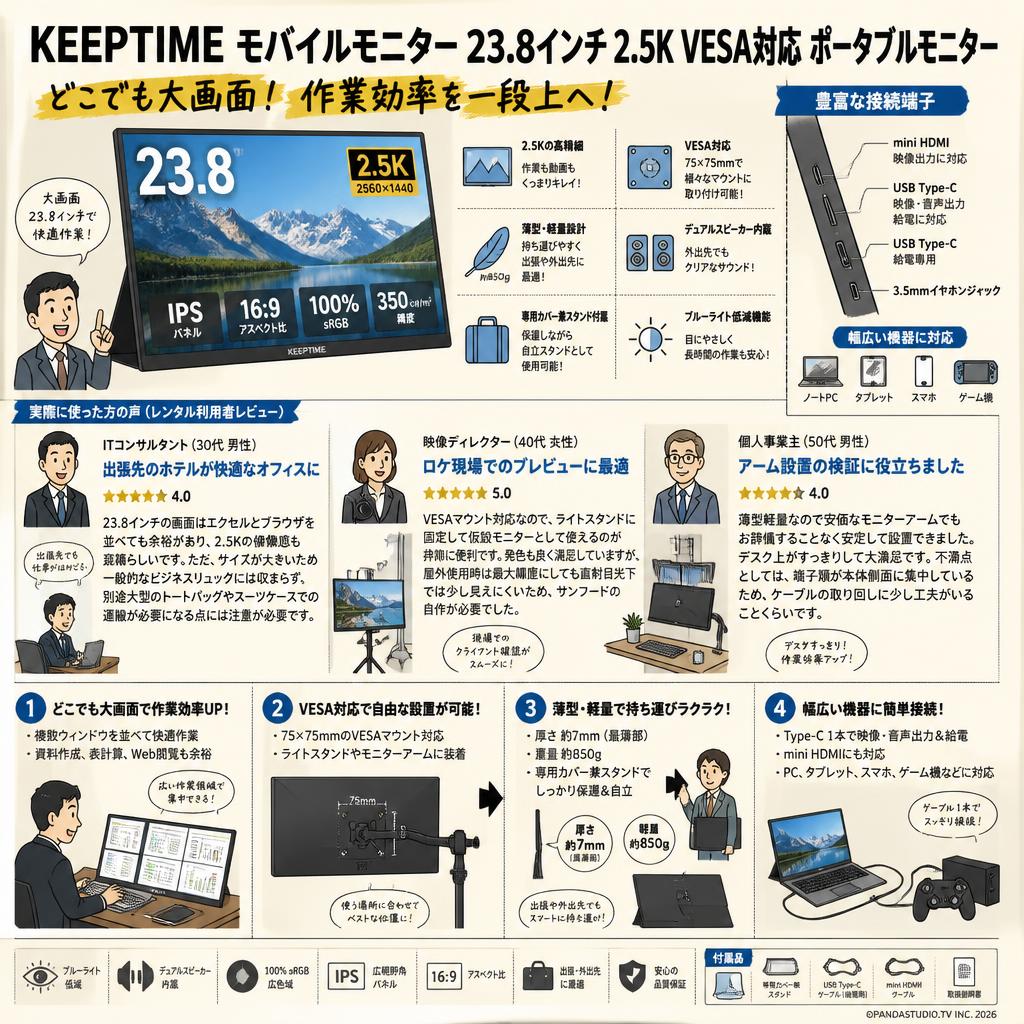 KEEPTIME モバイルモニター 23.8インチ 2.5K VESA対応 ポータブルモニター インターネット上のお客様の声（評判）