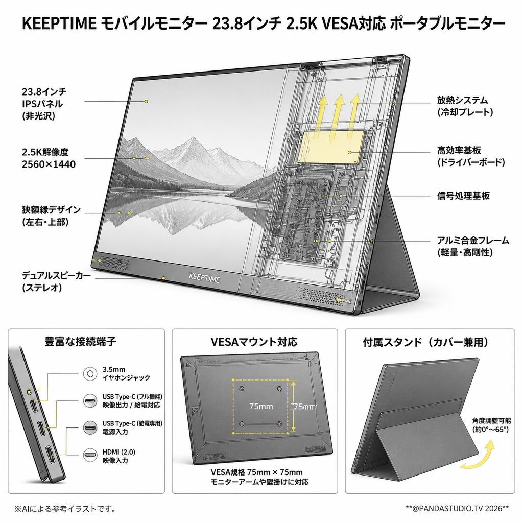 KEEPTIME モバイルモニター 23.8インチ 2.5K VESA対応 ポータブルモニター スペック