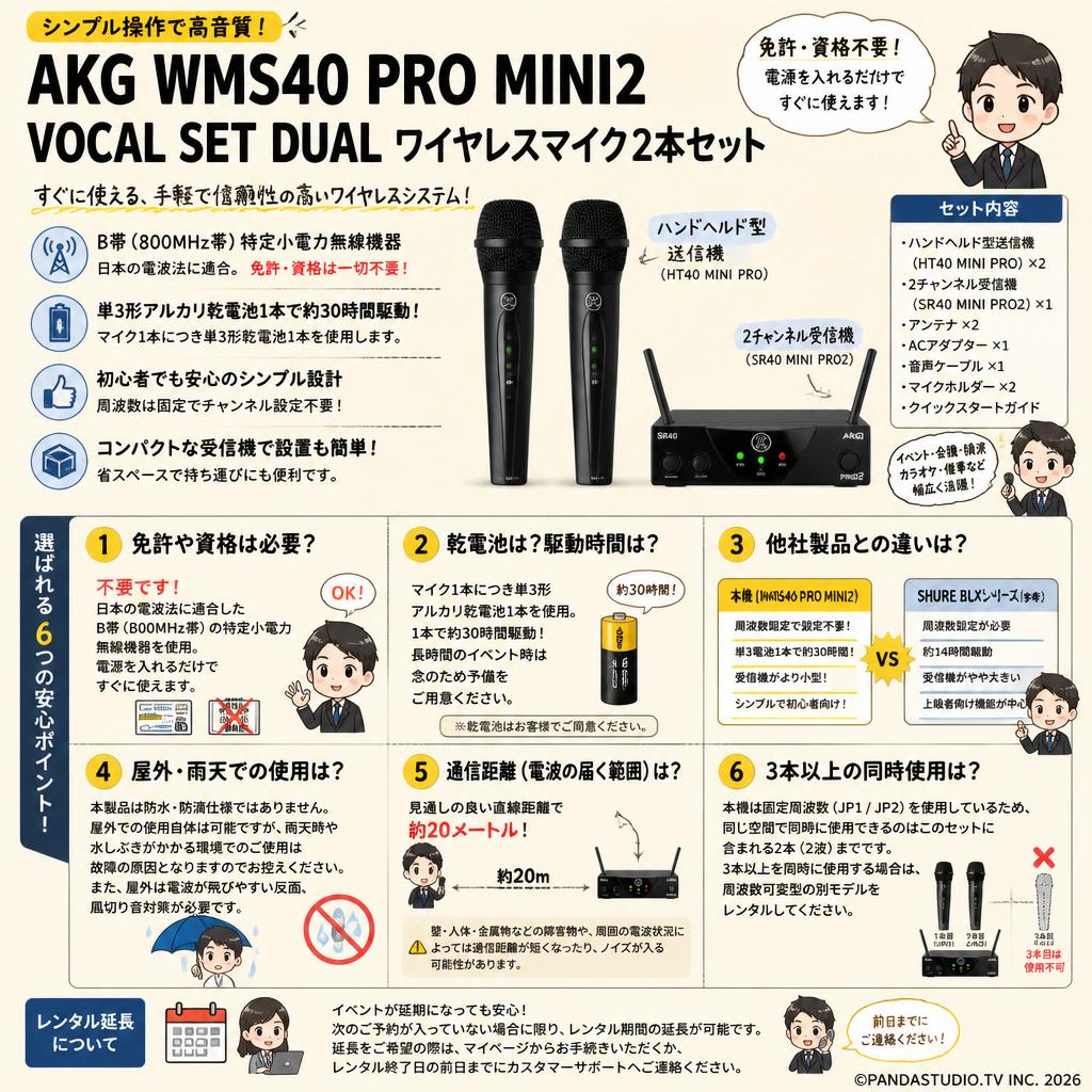 AKG WMS40 PRO MINI2 VOCAL SET DUAL ワイヤレスマイク2本セット FAQ（よくある質問と答え）