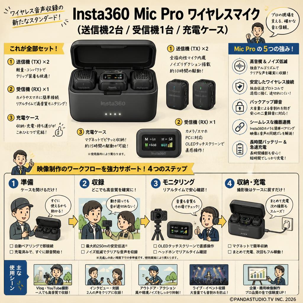 Insta360 Mic Pro ワイヤレスマイク (送信機2台 / 受信機1台 / 充電
