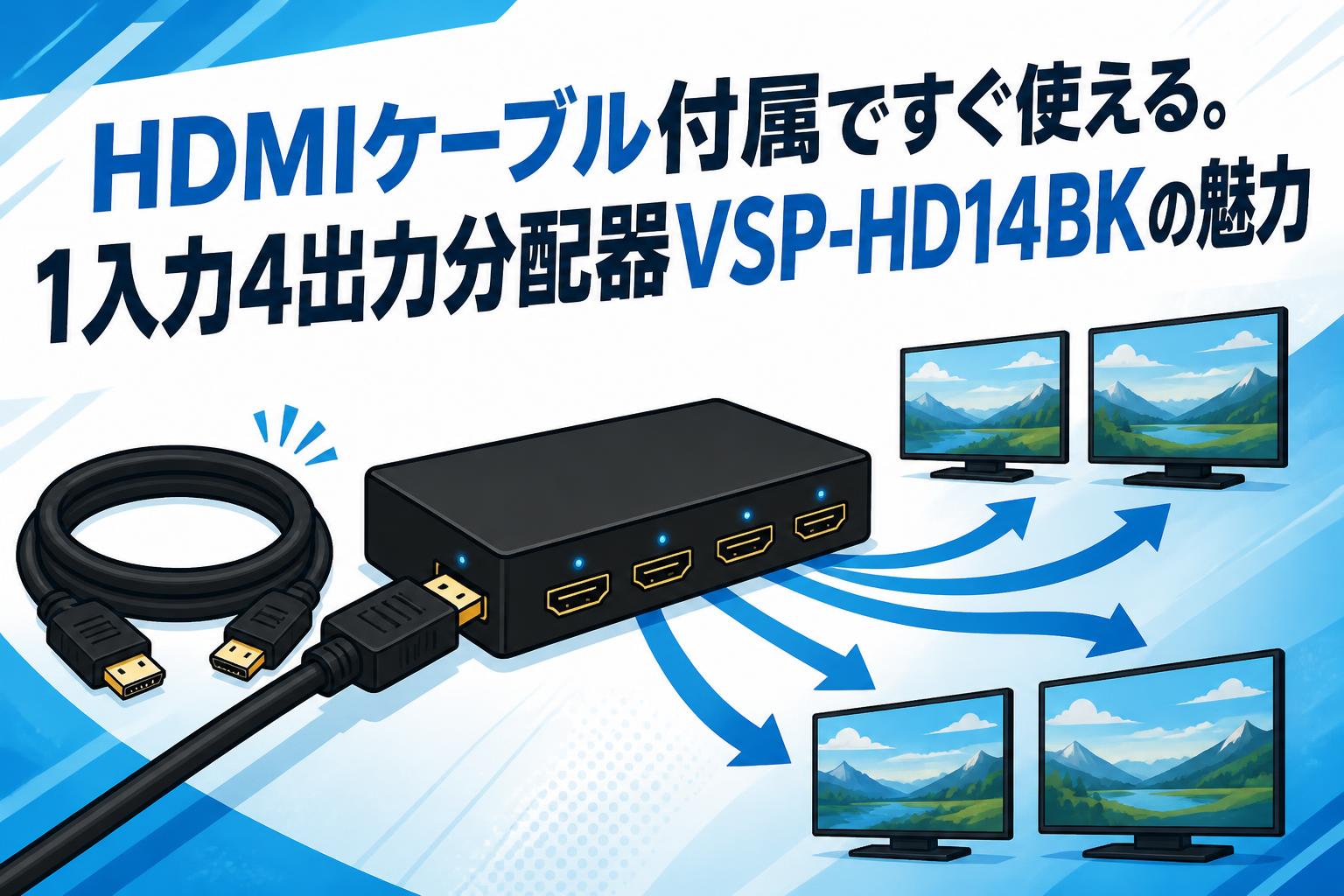 HDMIケーブル付属ですぐ使える。1入力4出力分配器VSP-HD14BKの魅力