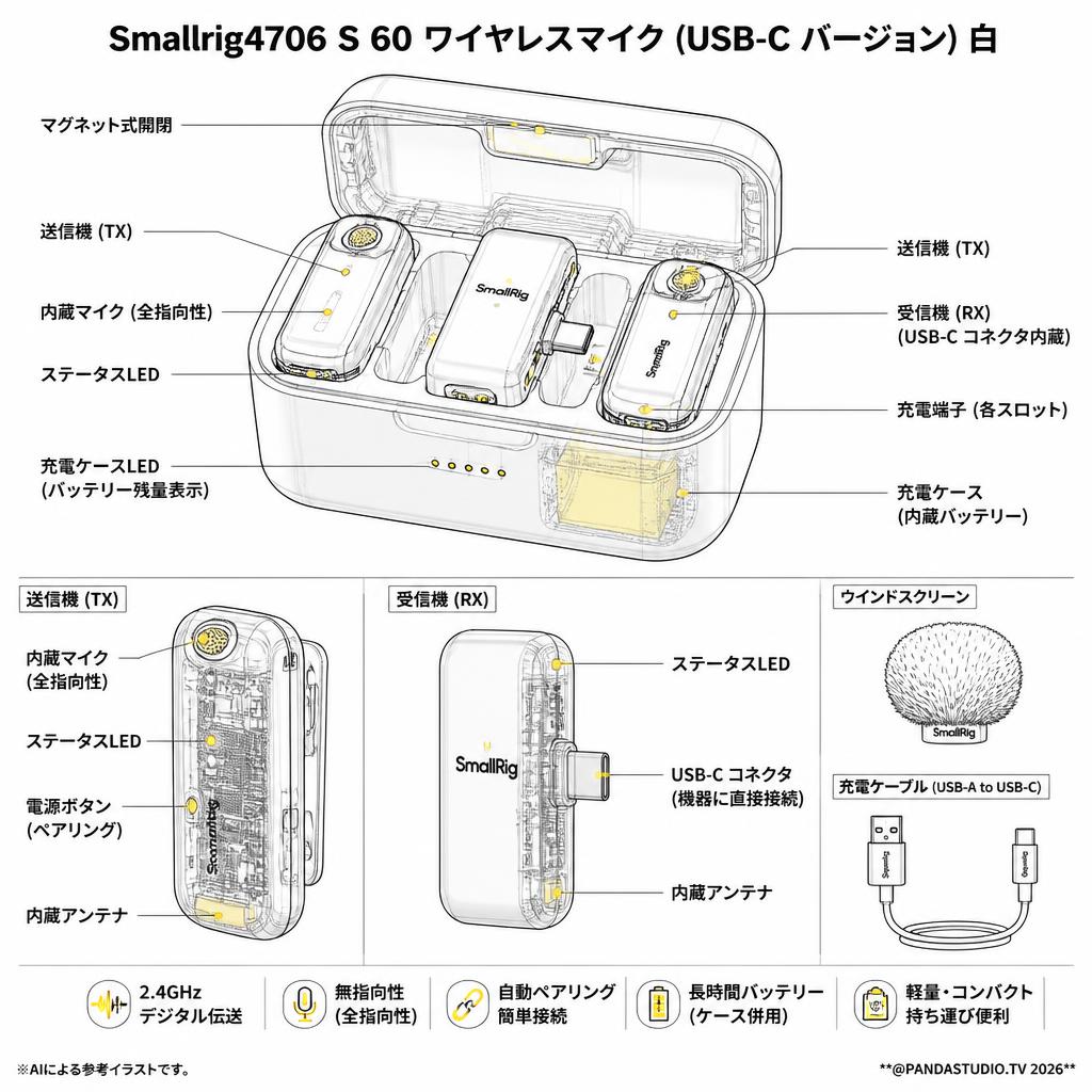 Smallrig4706 S 60 ワイヤレスマイク (USB-C バージョン) 白 スペック