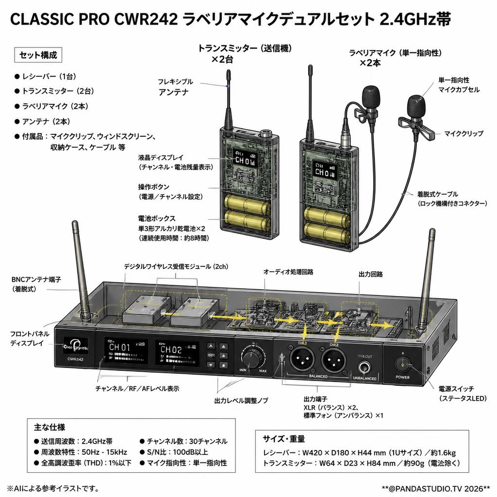 CLASSIC PRO CWR242 ラベリアマイクデュアルセット 2.4GHz帯 スペック