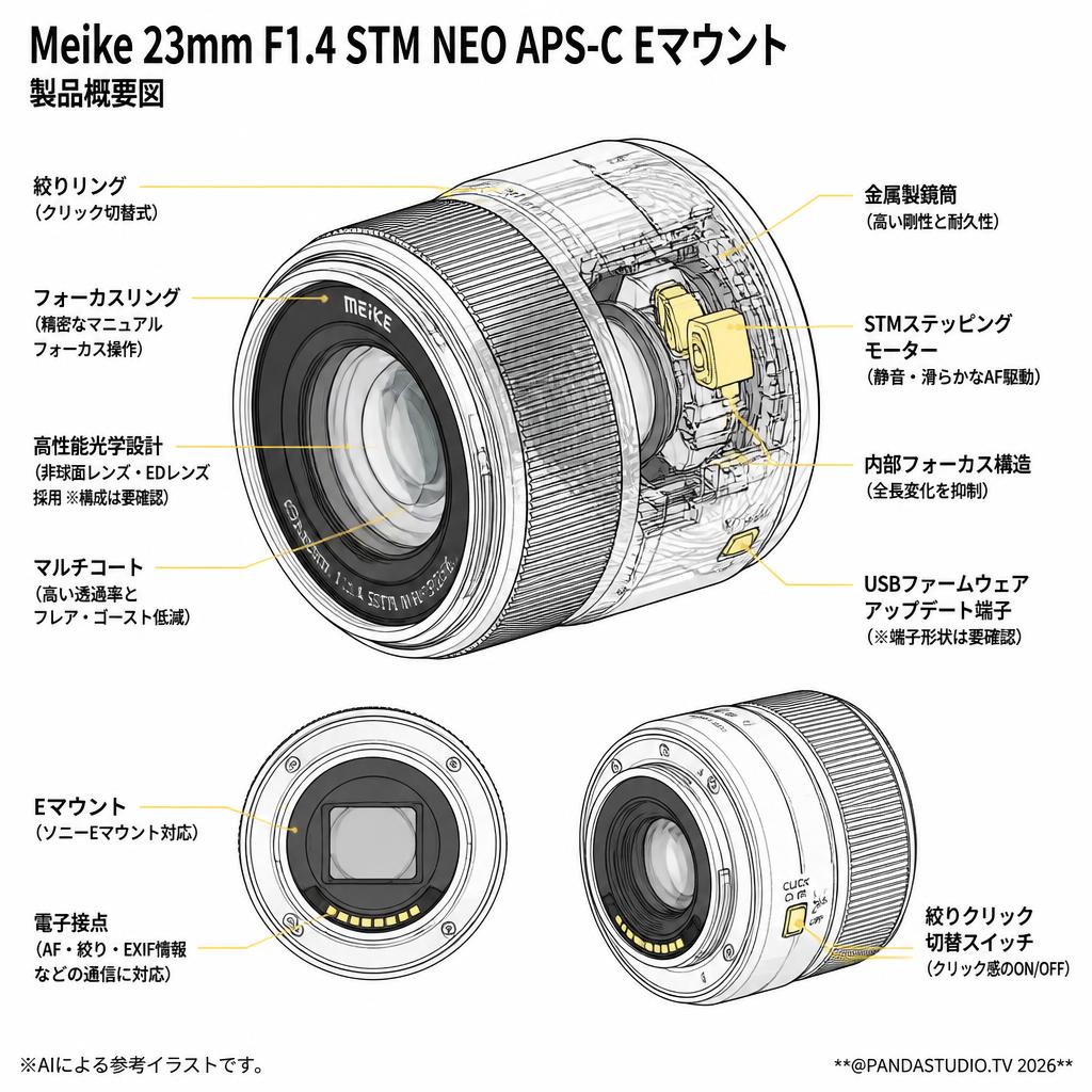 Meike 23mm F1.4 STM NEO APS-C Eマウント スペック