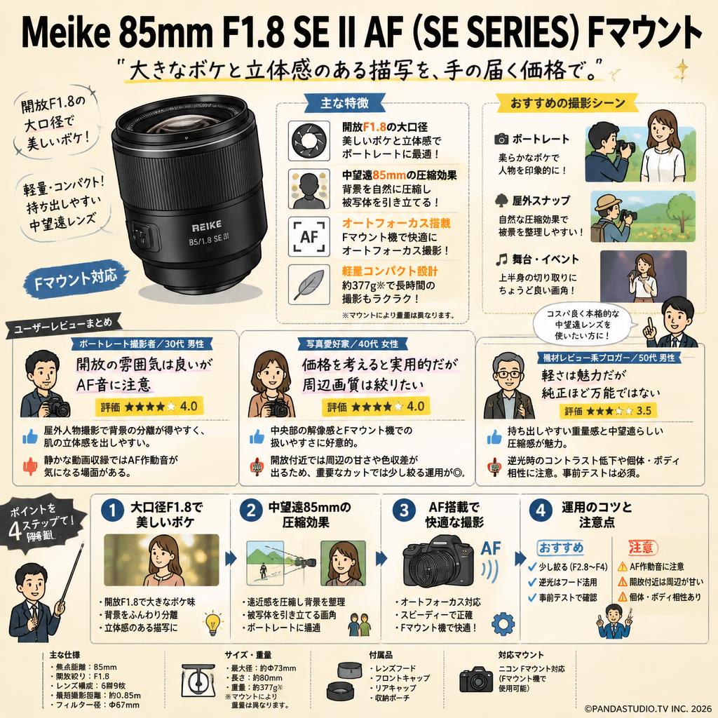 Meike 85mm F1.8 SE II AF (SE SERIES) Fマウント インターネット上のお客様の声（評判）