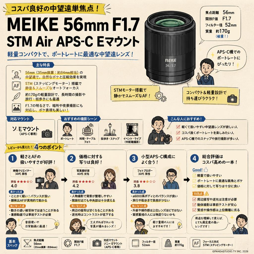 Meike 56mm F1.7 STM Air APS-C Eマウント ブラック インターネット上のお客様の声（評判）
