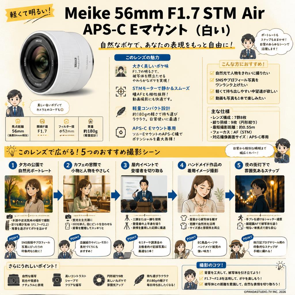 Meike 56mm F1.7 STM Air APS-C Eマウント ホワイト 用途