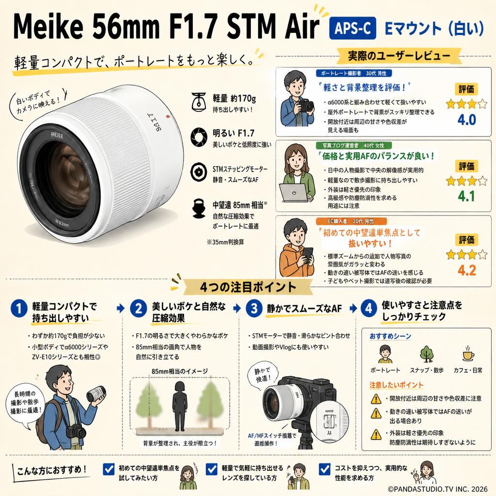 Meike 56mm F1.7 STM Air APS-C Eマウント ホワイト インターネット上のお客様の声（評判）