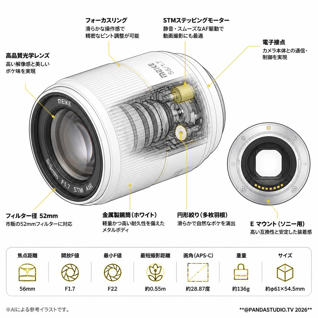 Meike 56mm F1.7 STM Air APS-C Eマウント ホワイト スペック