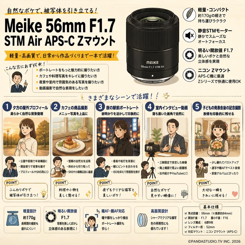 Meike 56mm F1.7 STM Air APS-C Zマウント 用途