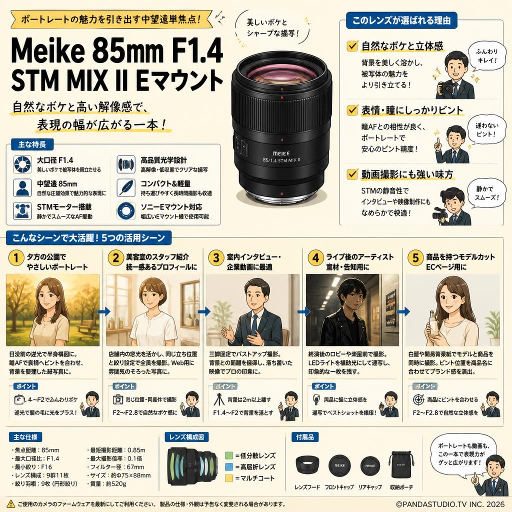 Meike 85mm F1.4 STM MIX II Eマウント 用途