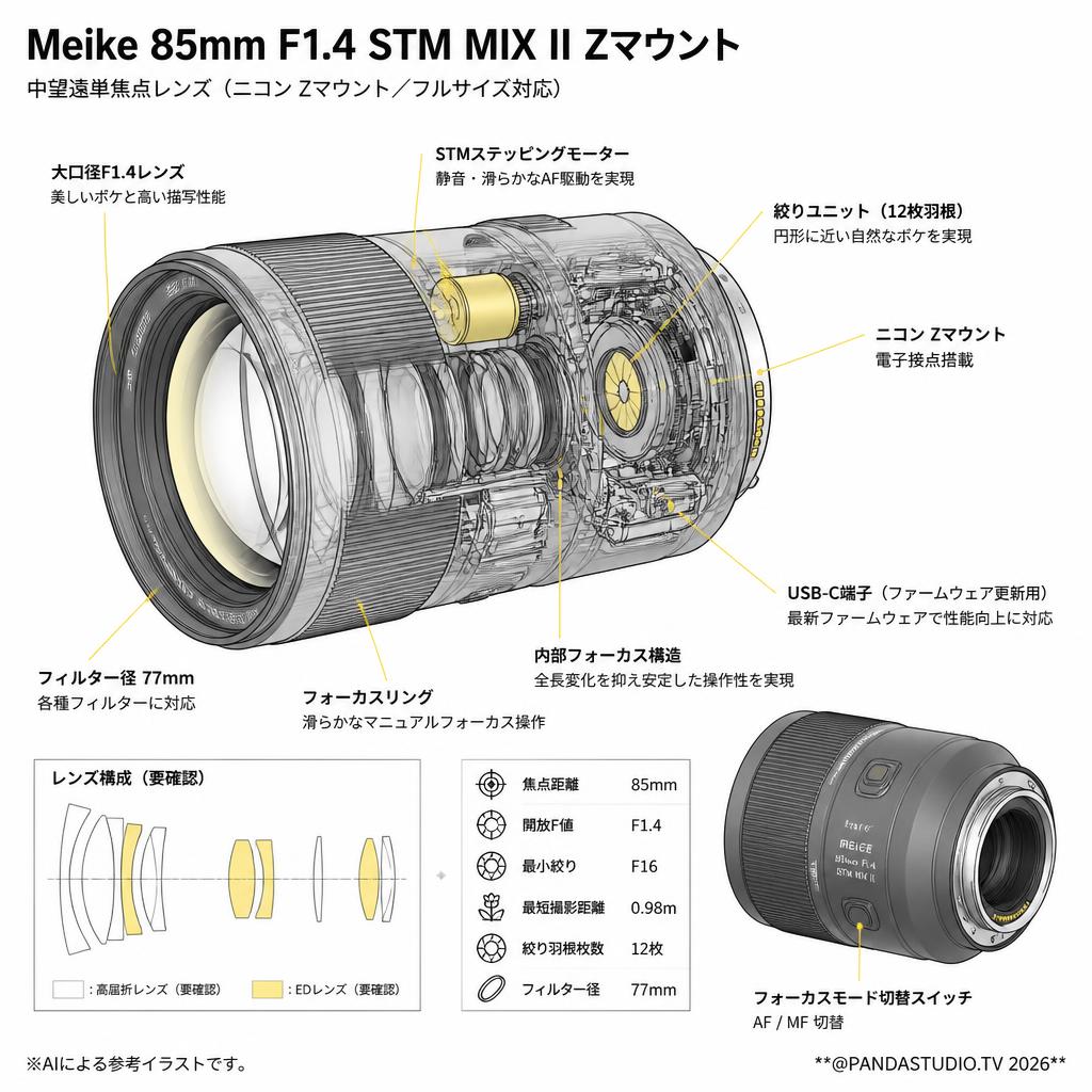 Meike 85mm F1.4 STM MIX II Zマウント スペック