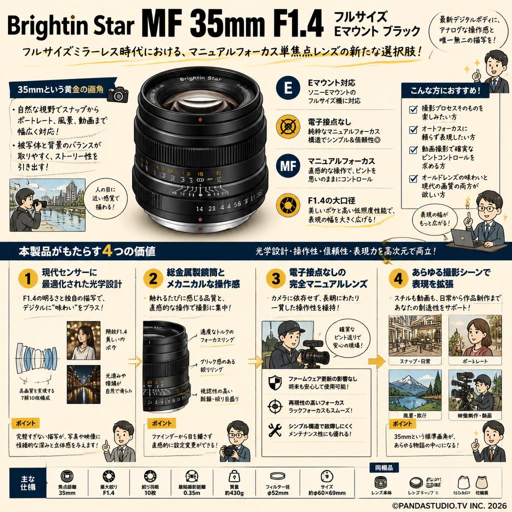 Brightin Star MF 35mm F1.4 フルサイズ Eマウント ブラック 概要