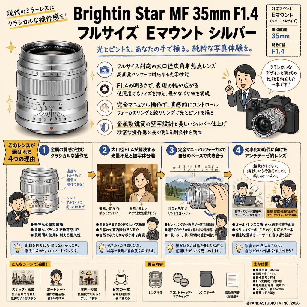 Brightin Star MF 35mm F1.4 フルサイズ Eマウント シルバー 概要