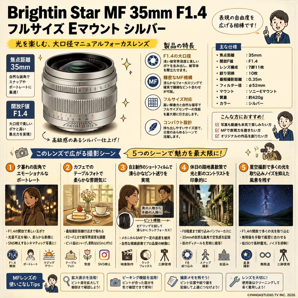 Brightin Star MF 35mm F1.4 フルサイズ Eマウント シルバー 用途