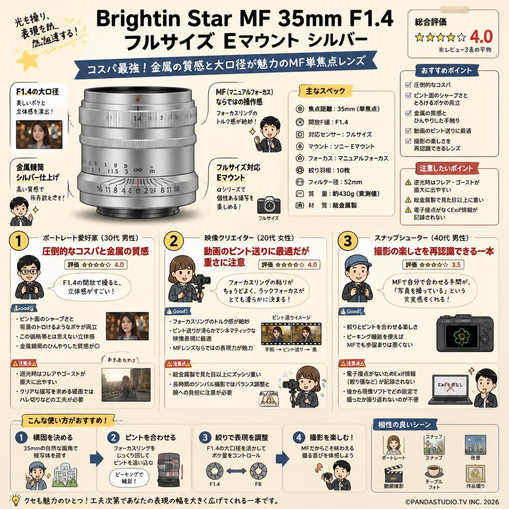 Brightin Star MF 35mm F1.4 フルサイズ Eマウント シルバー インターネット上のお客様の声（評判）