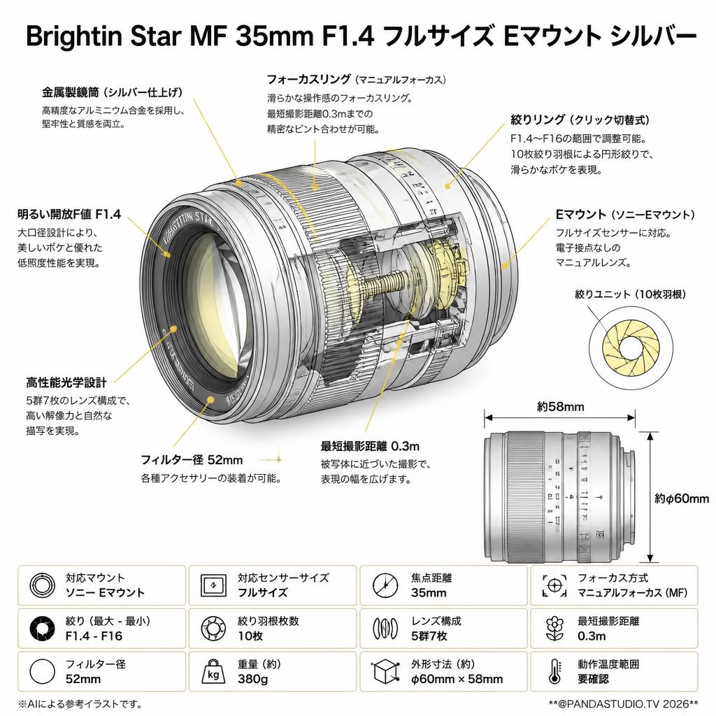 Brightin Star MF 35mm F1.4 フルサイズ Eマウント シルバー スペック