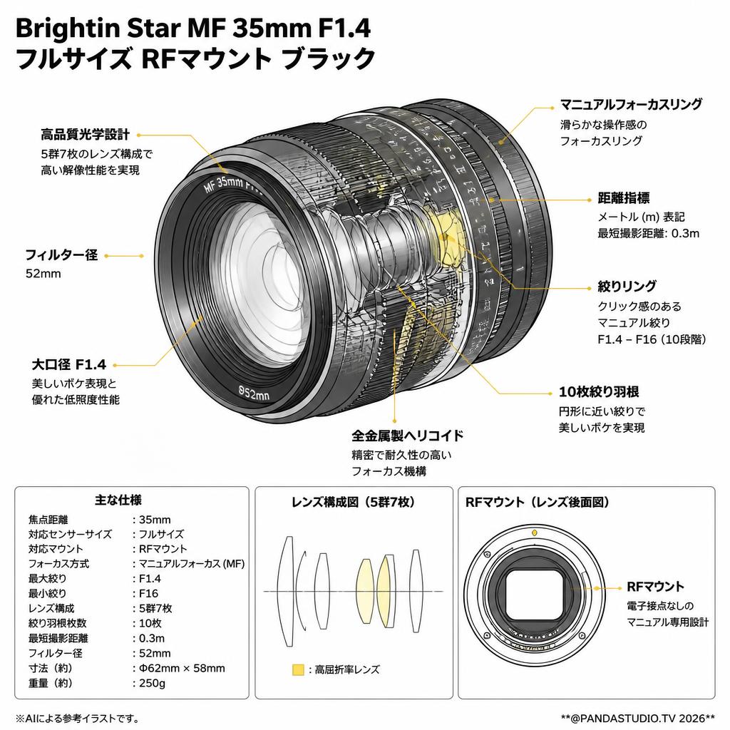 Brightin Star MF 35mm F1.4 フルサイズ RFマウント ブラック スペック