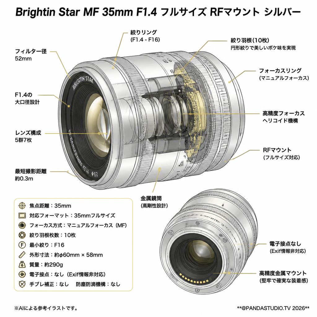 Brightin Star MF 35mm F1.4 フルサイズ RFマウント シルバー スペック