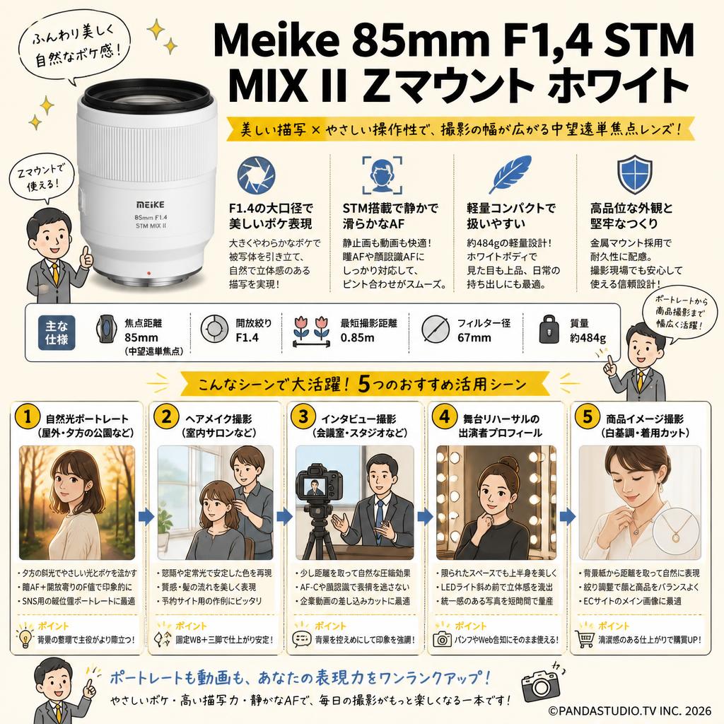 Meike 85mm F1.4 STM MIX II Zマウント ホワイト 用途