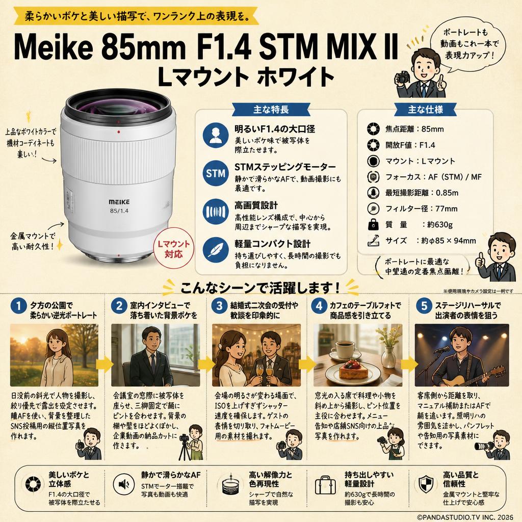 Meike 85mm F1.4 STM MIX II Lマウント ホワイト 用途