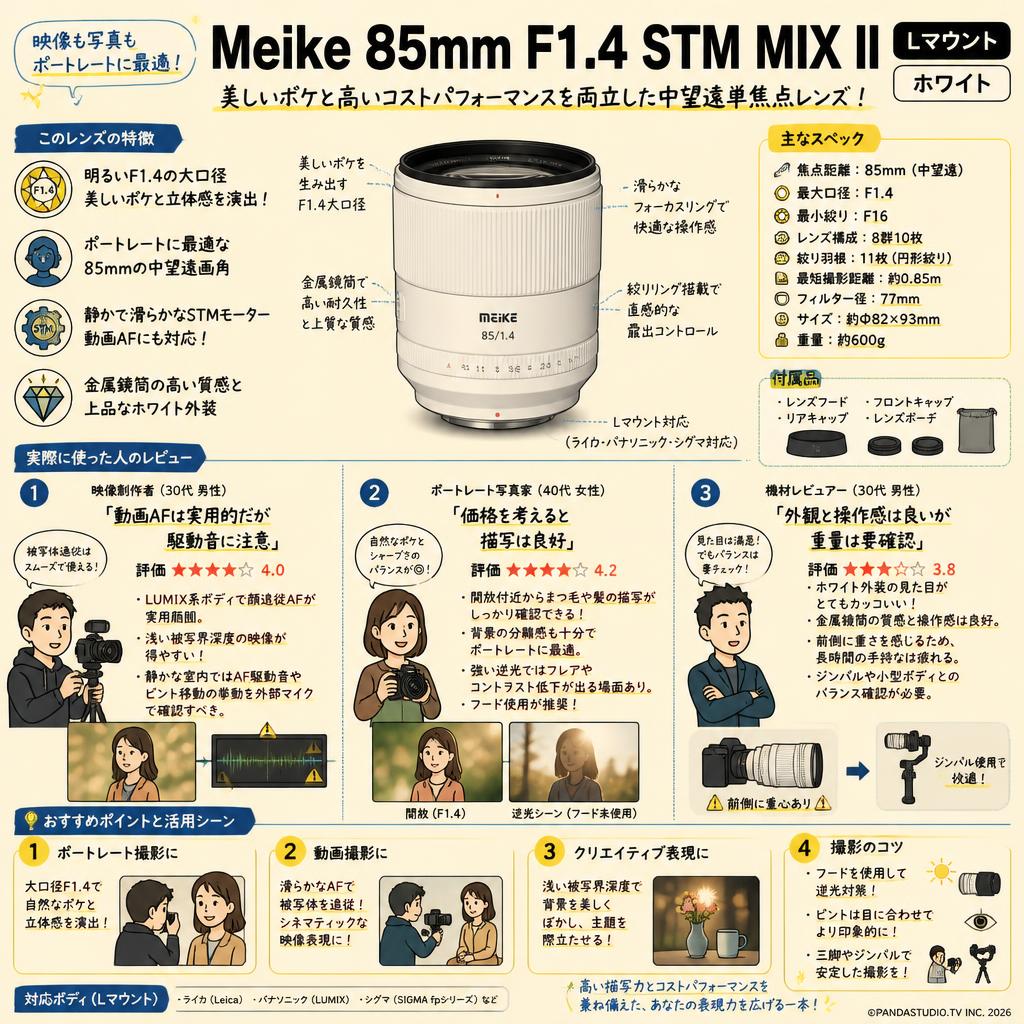 Meike 85mm F1.4 STM MIX II Lマウント ホワイト インターネット上のお客様の声（評判）