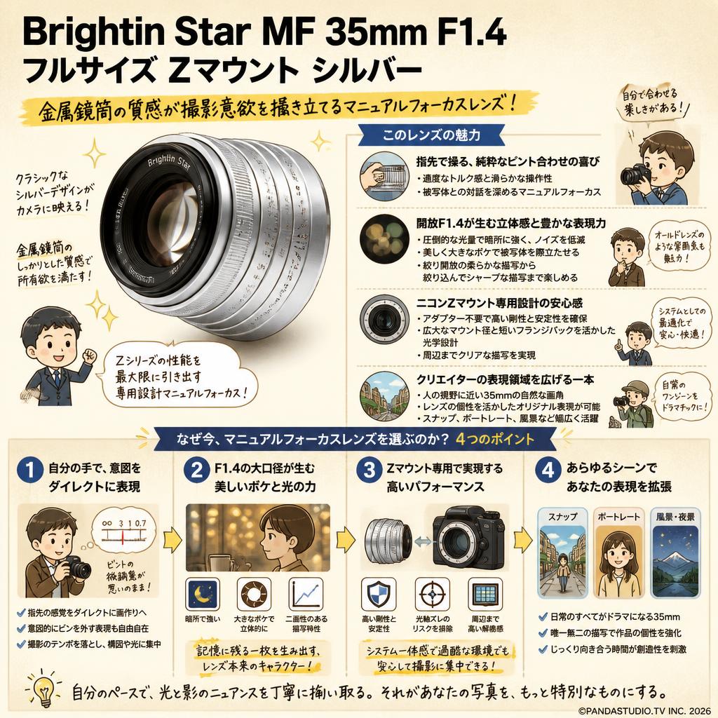 Brightin Star MF 35mm F1.4 フルサイズ Zマウント シルバー 概要