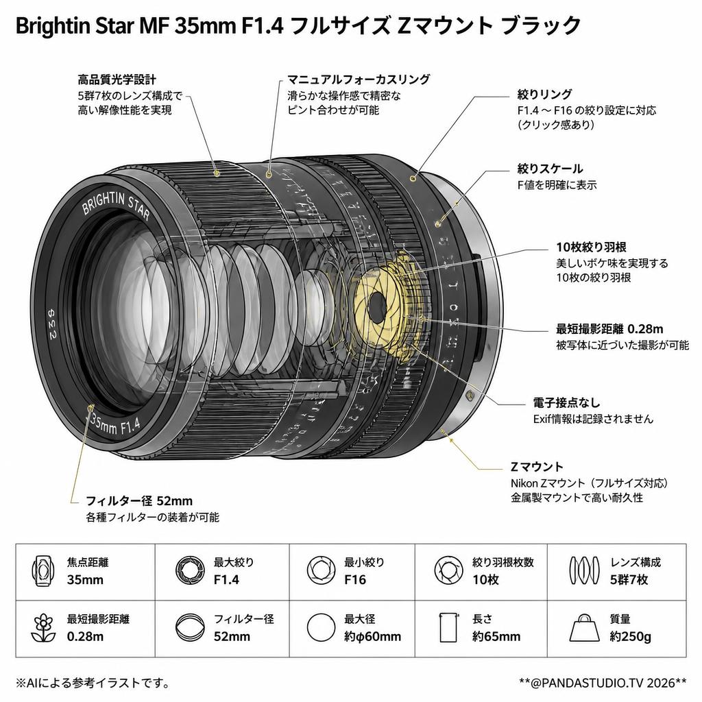 Brightin Star MF 35mm F1.4 フルサイズ Zマウント ブラック スペック