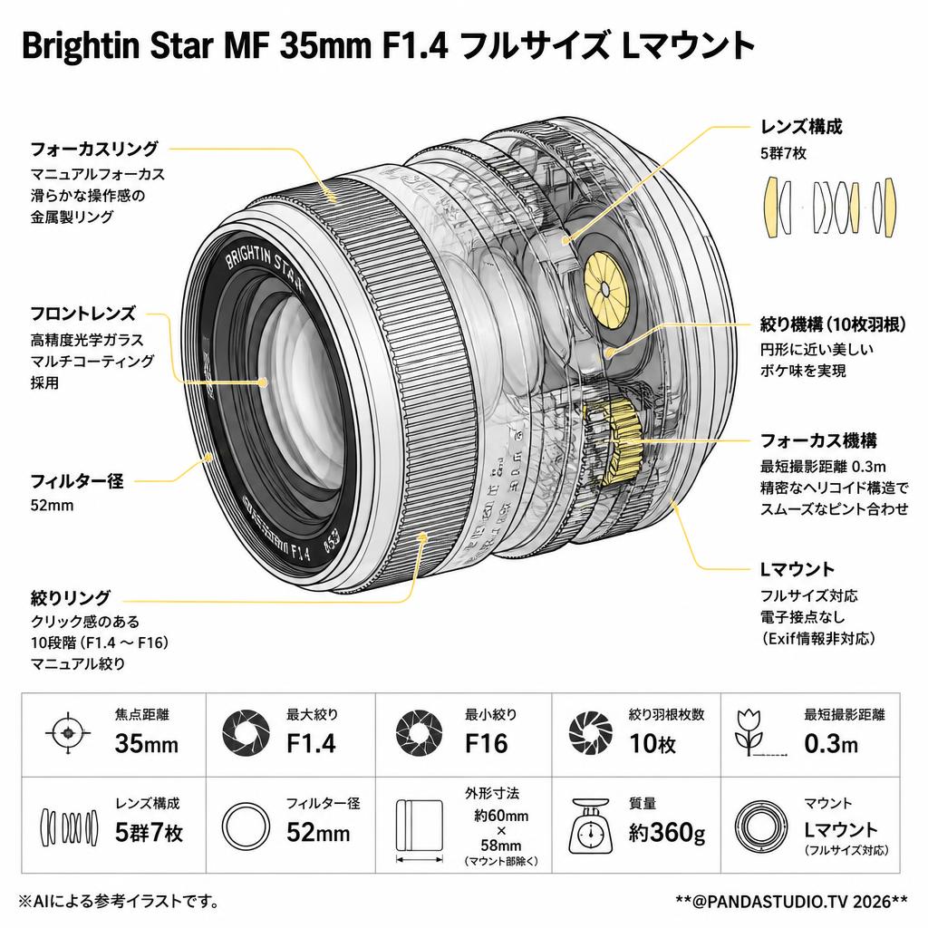 Brightin Star MF 35mm F1.4 フルサイズ Lマウント ブラック スペック