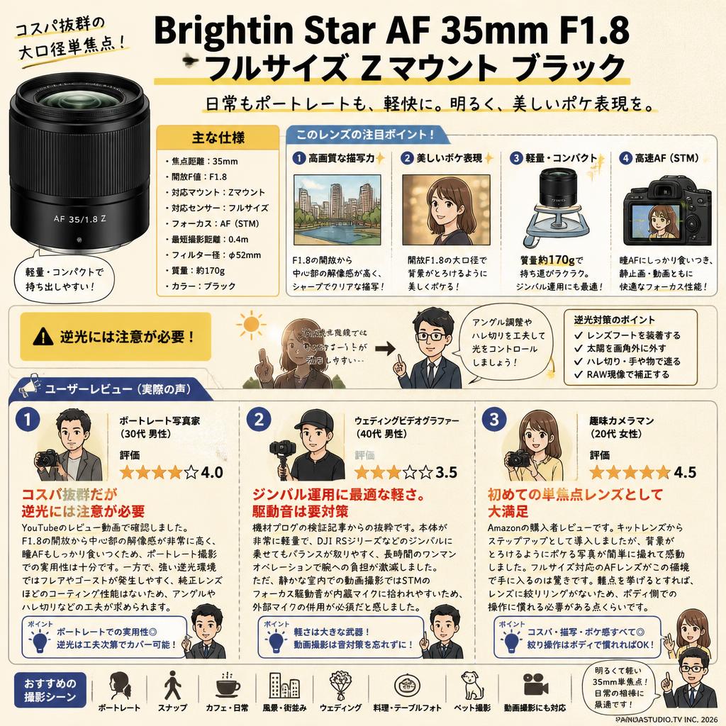 Brightin Star AF 35mm F1.8 ルサイズ Zマウント ブラック インターネット上のお客様の声（評判）