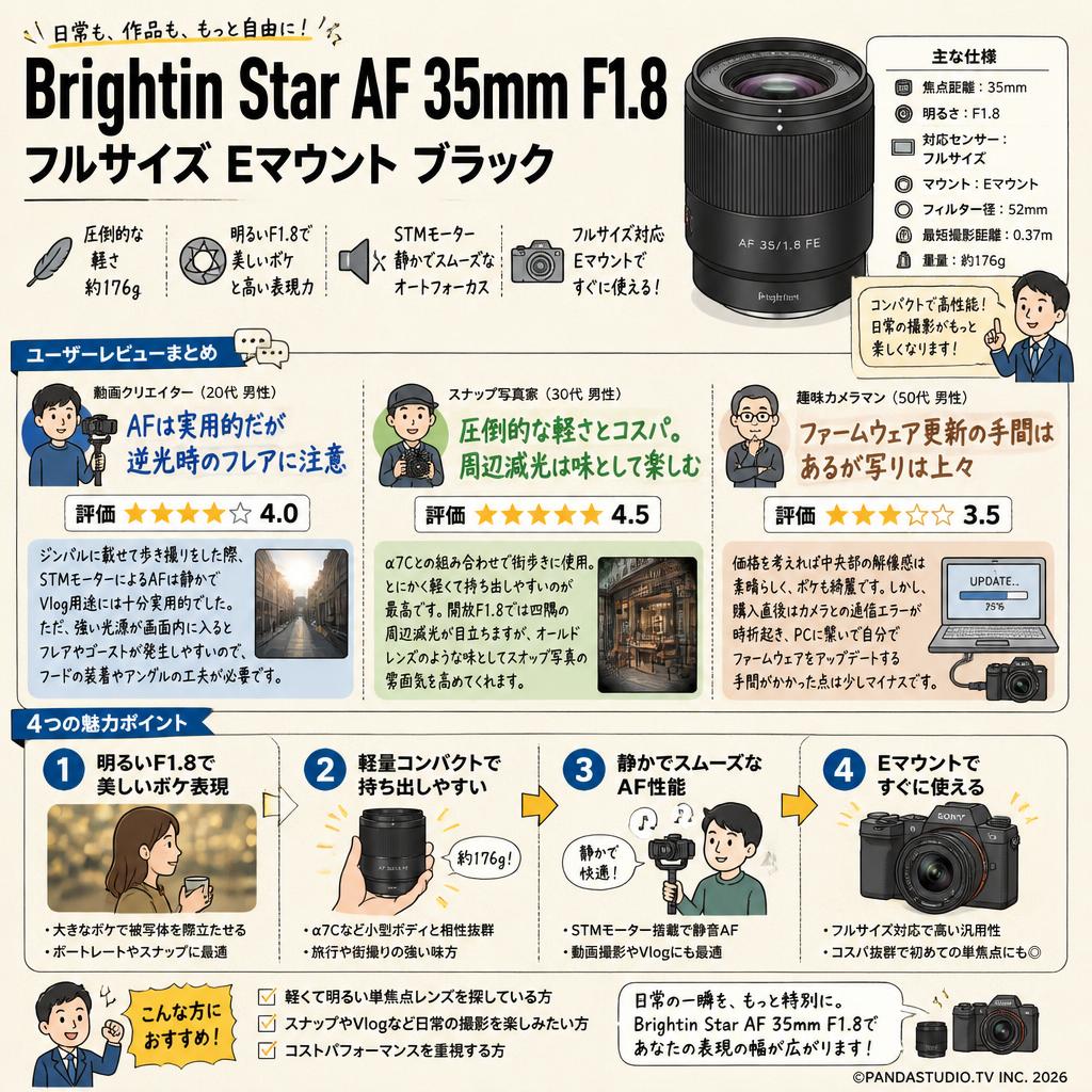 Brightin Star AF 35mm F1.8 フルサイズ Eマウント ブラック インターネット上のお客様の声（評判）