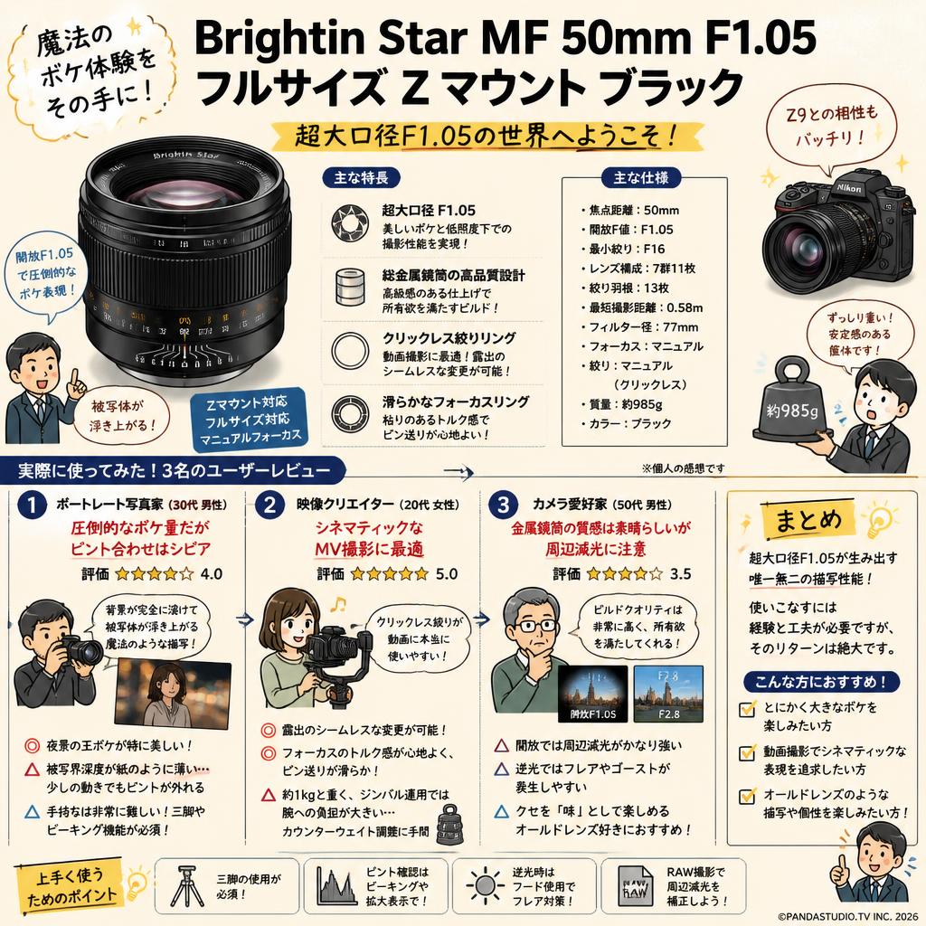 Brightin Star MF 50mm F1.05 フルサイズ Zマウント ブラック インターネット上のお客様の声（評判）