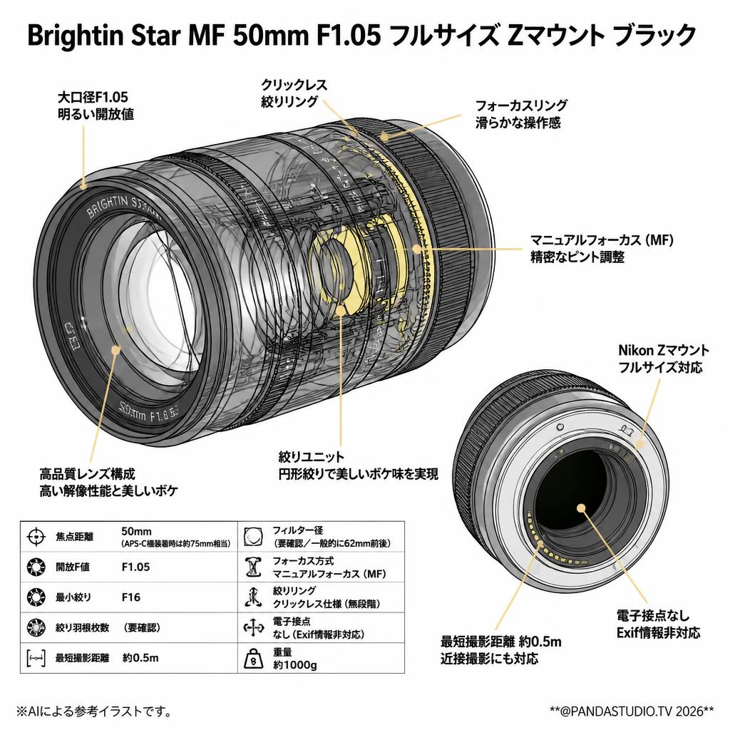 Brightin Star MF 50mm F1.05 フルサイズ Zマウント ブラック スペック