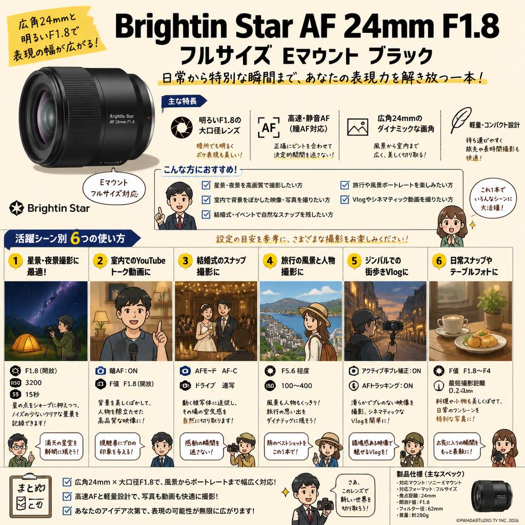 Brightin Star AF 24mm F1.8 フルサイズ Eマウント ブラック 用途