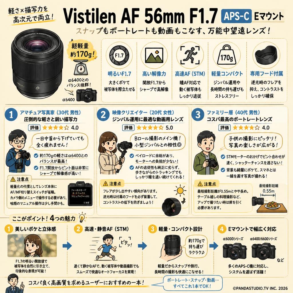 Vistilen AF 56mm F1.7 APS-C Eマウント インターネット上のお客様の声（評判）