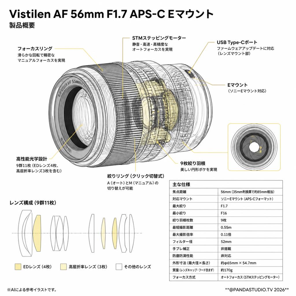 Vistilen AF 56mm F1.7 APS-C Eマウント スペック