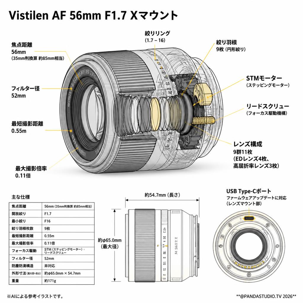 Vistilen AF 56mm F1.7 Xマウント スペック