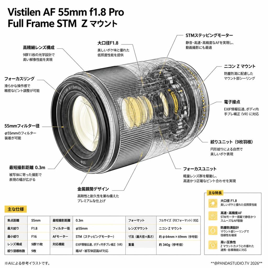 Vistilen AF 55mm F1.8 Pro フルサイズ STM  Z マウント スペック