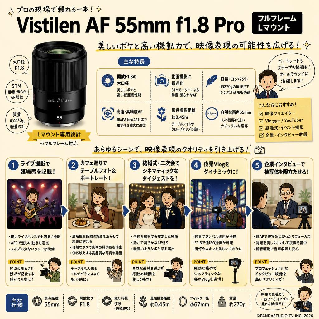 Vistilen AF 55mm F1.8 Pro フルサイズ  STM  Lマウント 用途