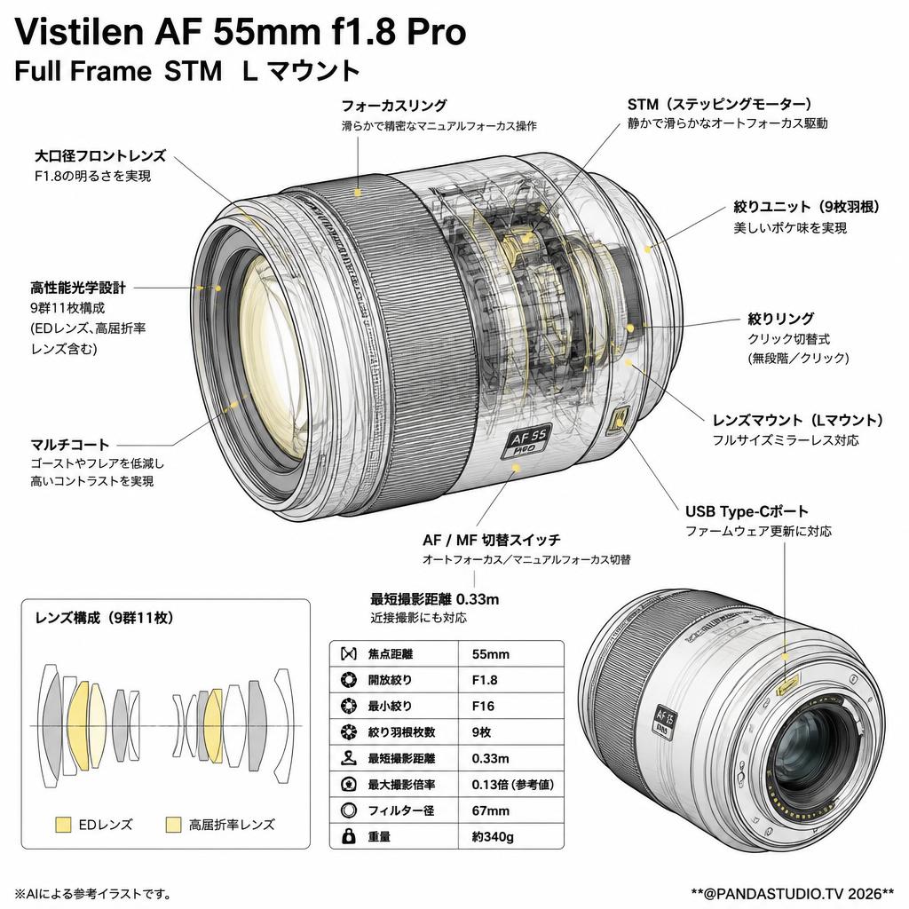 Vistilen AF 55mm F1.8 Pro フルサイズ  STM  Lマウント スペック