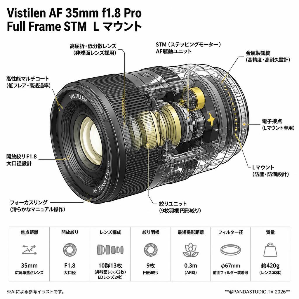 Vistilen AF 35mm F1.8 Pro フルサイズ  STM  Lマウント スペック