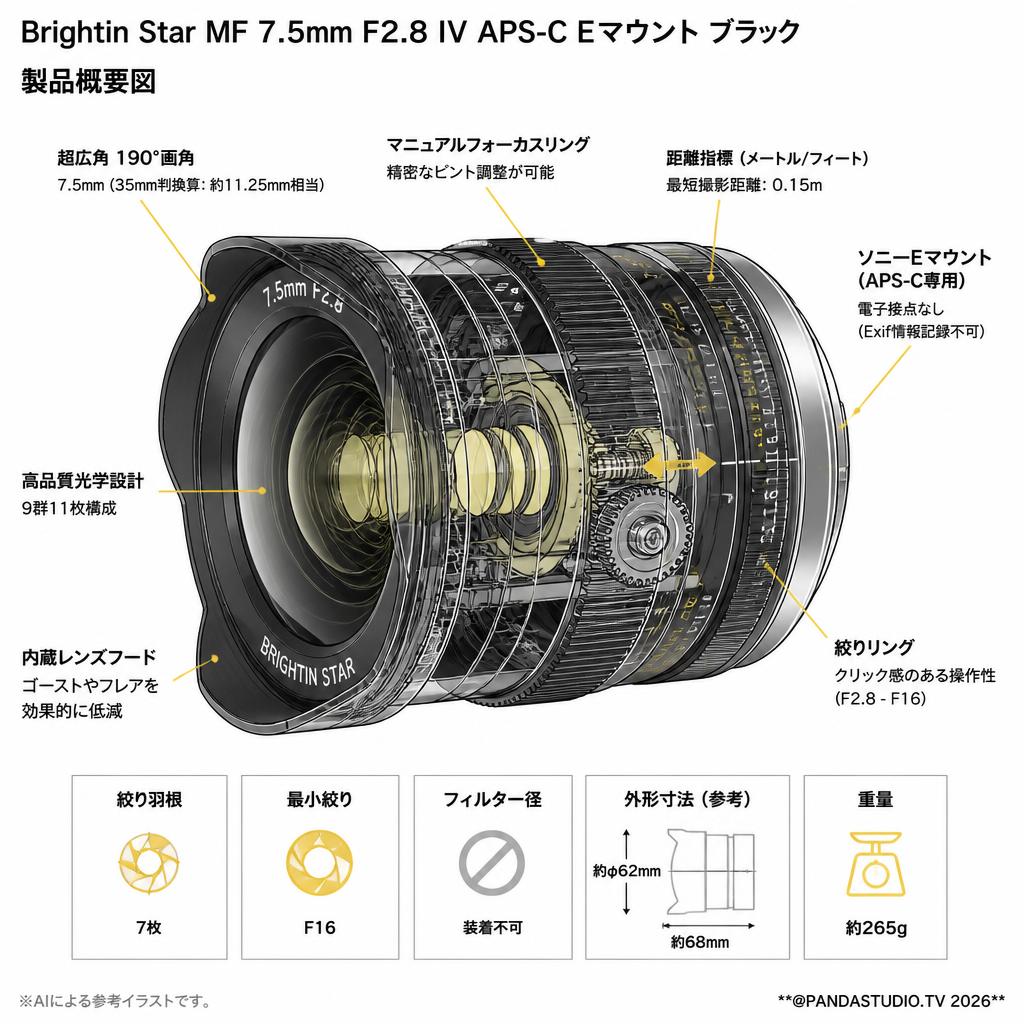 Brightin Star MF 7.5mm F2.8 IV APS-C Eマウント ブラック スペック