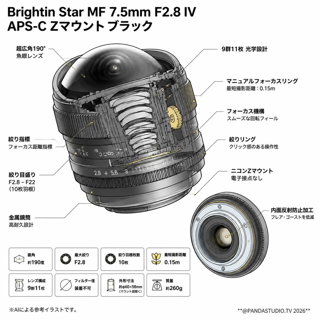 Brightin Star MF 7.5mm F2.8 IV APS-C Zマウント ブラック スペック