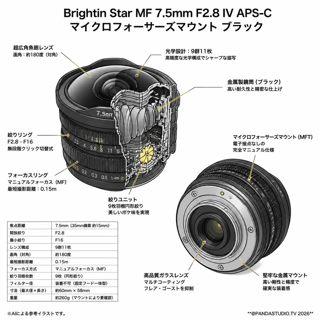 Brightin Star MF 7.5mm F2.8 IV APS-C マイクロフォーサーズマウント ブラック スペック