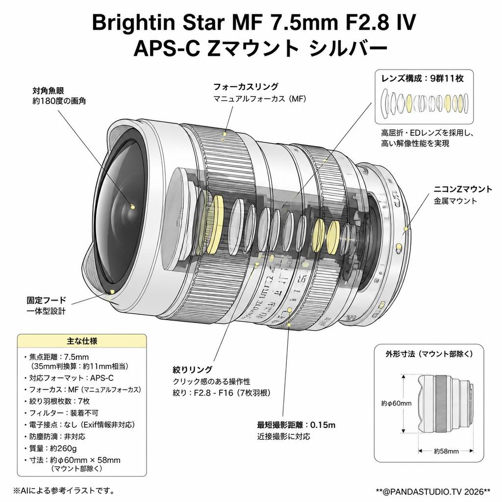 Brightin Star MF 7.5mm F2.8 IV APS-C Zマウント シルバー スペック
